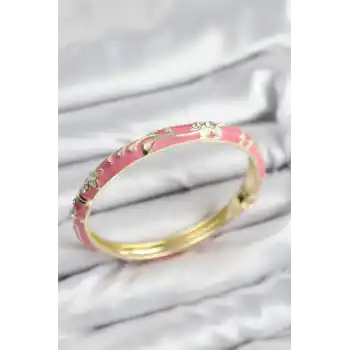 Mineli Pirinç Zirkon Taşlı Pembe Çiçek Motifli Gold Kadın Kelepçe