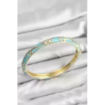 Mineli Pirinç Zirkon Taşlı Turkuaz Çiçek Motifli Gold Kadın Kelepçe