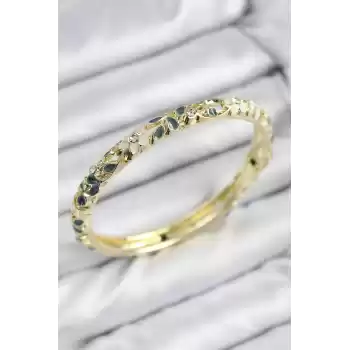Mineli Pirinç Zirkon Taşlı Yeşil Krem Çiçek Motifli Gold Kadın Kelepçe