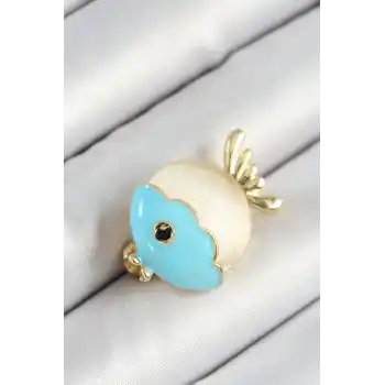 Mineli Turkuaz Ve Krem Balık Figürlü Gold Renk Kadın Broş