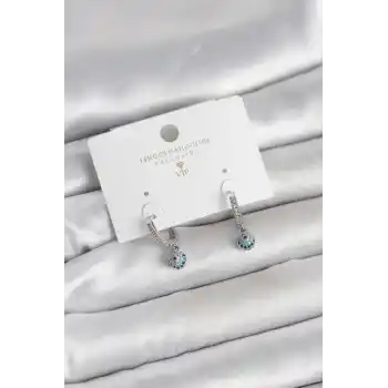 Minimal Nazarlı Model Gümüş Renk Zirkon Taşlı Kadın Küpe