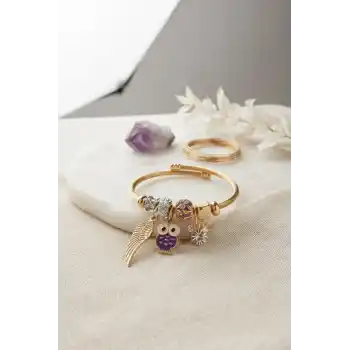Mor Baykuş Model Gold Renk Charmlı Bileklik