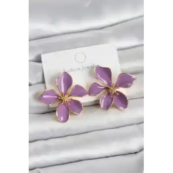 Mor Mineli Çiçek Model Pirinç Kadın Küpe