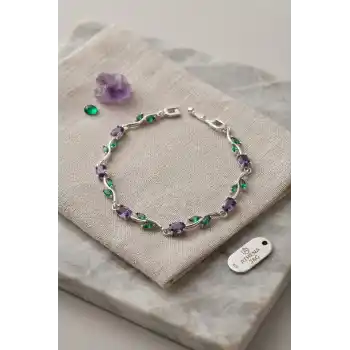Mor Zirkon Taşlı Çiçek Model Gümüş Pirinç Kadın Bileklik
