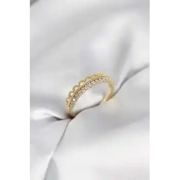Motif Desenli Gold Renk Zirkon Taşlı Kadın Yüzük