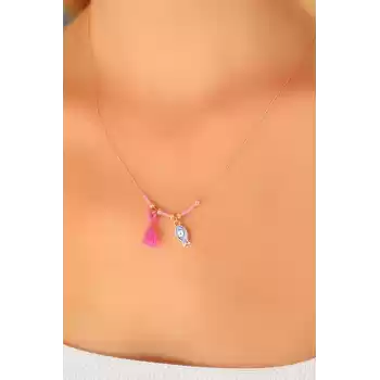 Nazar Boncuklu Pembe Renk Taşlı Rose Bayan Kolye