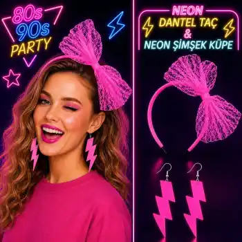 Neon Pembe Dantel Taç ve Şimşek Küpe 80ler 90lar Parti Seti