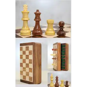 Özel Vernikli Mıknatıs Taşlı Ahşap Katlanabilir Kutulu Satranç Oyunu 25 Cm G222