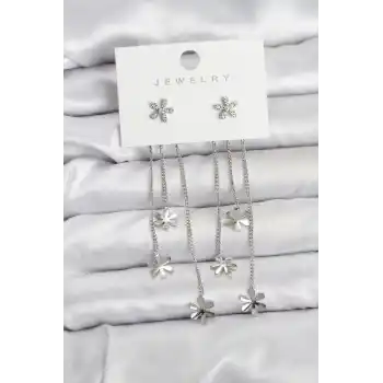 Papatya Model Gümüş Renk Pirinç Sallantılı Kadın Küpe