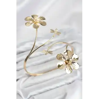 Pazu Bileklik Gold Renk Pirinç Çiçek Model