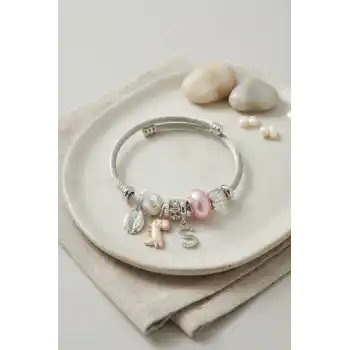 Pembe Dinazor Model Charmlı Gümüş Renk Bileklik