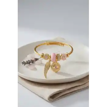 Pembe Göz Model Gold Renk Charmlı Bileklik