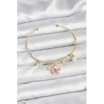 Pembe Kelebek Charmlı Gold Renk Kadın Bileklik