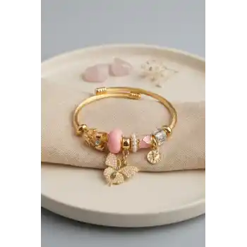 Pembe Kelebek Model Gold Renk Charmlı Bileklik