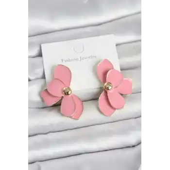 Pembe Mineli Lotus Model Pirinç Kadın Küpe