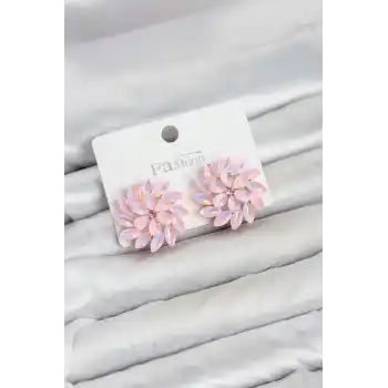 Pembe Renk Kristal Taşlı Çiçek Model Kadın Küpe