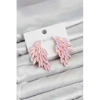 Pembe Renk Kristal Taşlı Kanat Küpe