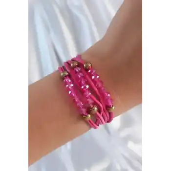Pembe Renk Zirkon Taşlı İpli Çoklu Bileklik