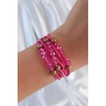 Pembe Renk Zirkon Taşlı İpli Çoklu Bileklik