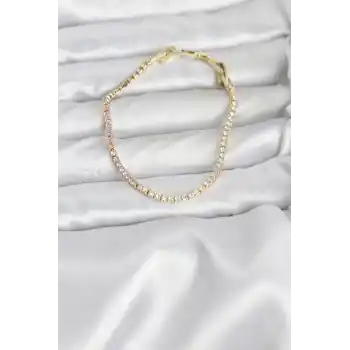 Pembe ve Beyaz Zirkon Taşlı Gold Renk Su Yolu Kadın Bileklik