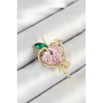 Pembe Ve Yeşil Zirkon Taşlı 3D Eriyen Kalp Figürlü Gold Renk Kadın Broş