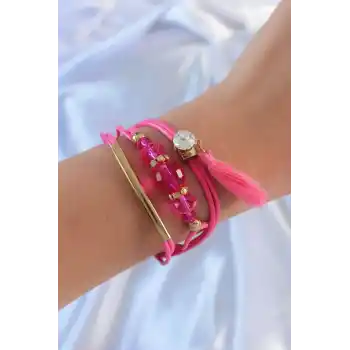 Pembe Zirkon Taşlı İpli Püskül Detay Çoklu Bileklik