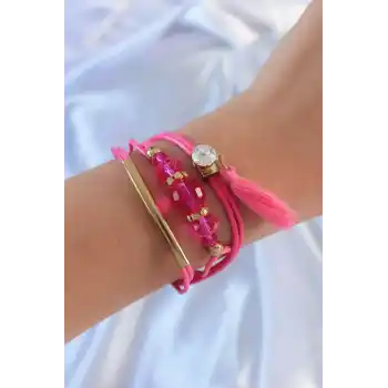 Pembe Zirkon Taşlı İpli Püskül Detay Çoklu Bileklik