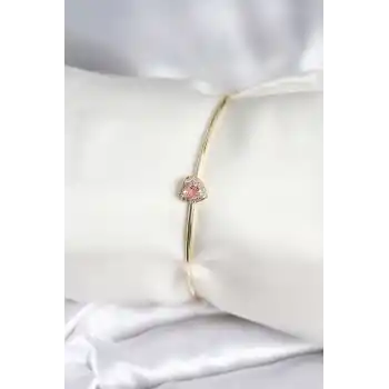 Pembe Zirkon Taşlı Kalp Model Gold Renk Kadın Bileklik
