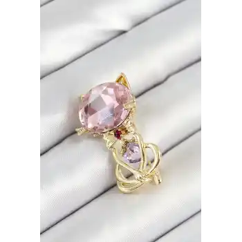 Pembe Zirkon Taşlı Kap Detaylı Kedi Figürlü Gold Renk Kadın Broş