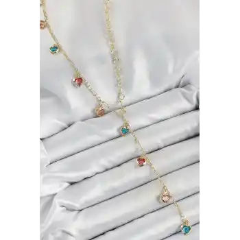 Pirinç Asorti Kalp Model Gold Renk Zirkon Taşlı Y Kolye