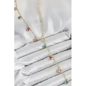 Pirinç Asorti Kalp Model Gold Renk Zirkon Taşlı Y Kolye