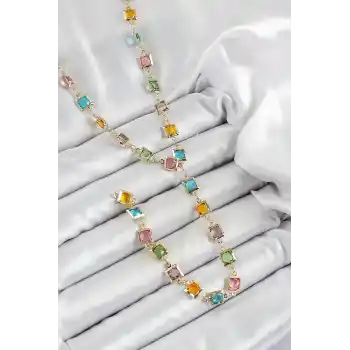 Pirinç Asorti Kare Model Gold Renk Zirkon Taşlı Y Kolye