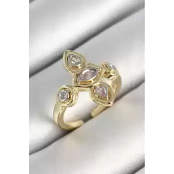 Pirinç Beş Taş Trend Figür Zirkon Taşlı Gold Renk Ayarlanabilir Kadın Yüzük