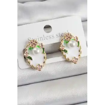 Pirinç Beyaz Mineli İnci Detaylı Sanatsal Portre Model Gold Renk Kadın Küpe