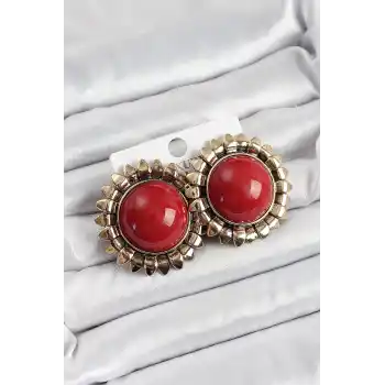 Pirinç Bordo Vintage Model Gold Renk Kadın Küpe