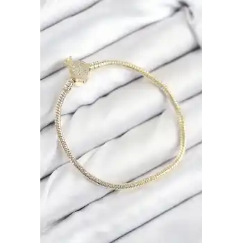 Pirinç Charm Zirkon Taşlı Taç Model Gold Renk Kadın Bileklik