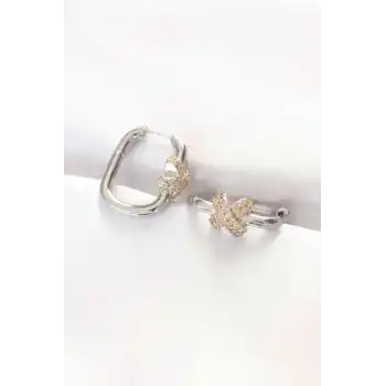 Pirinç Çift Renk Taşlı X Tasarımlı Dikdörtgen Küpe