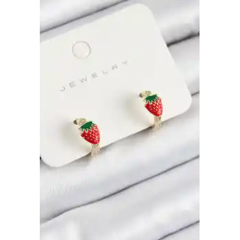 Pirinç Çilek Model Gold Renk Çocuk Küpe