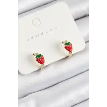 Pirinç Çilek Model Gold Renk Çocuk Küpe