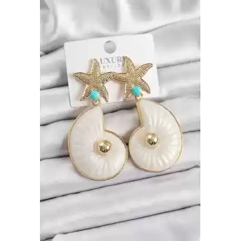 Pirinç Deniz Yıldızı Ve Deniz Kabuğu Figürlü Gold Renk Kadın Küpe