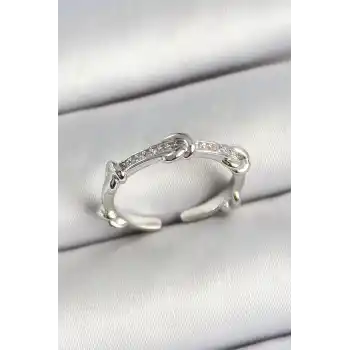 Pirinç Düğüm Figürlü Zirkon Taşlı Gümüş Renk Ayarlanabilir Kadın Yüzük
