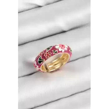 Pirinç Fuşya Mineli Çiçek Motifli Gold Renk Ayarlanabilir Kadın Yüzük