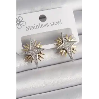 Pirinç Gold Gümüş Renk Zirkon Taşlı Kutup Yılıdız Model Kadın Küpe