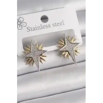 Pirinç Gold Gümüş Renk Zirkon Taşlı Kutup Yılıdız Model Kadın Küpe