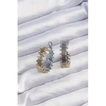 Pirinç Gold Gümüş Renkli Tırtıklı Halka Küpe