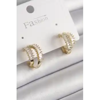 Pirinç Gold Renk 2Li Zirkon Taşlı Halka Model Kadın Küpe