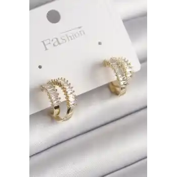 Pirinç Gold Renk 2Li Zirkon Taşlı Halka Model Kadın Küpe
