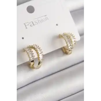 Pirinç Gold Renk 2Li Zirkon Taşlı Halka Model Kadın Küpe