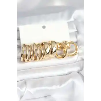 Pirinç Gold Renk 3 Çift Vintage Kadın Küpe Seti