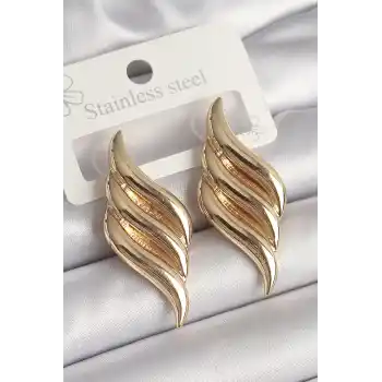 Pirinç Gold Renk 3 Sıra Dalga Model Kadın Küpe